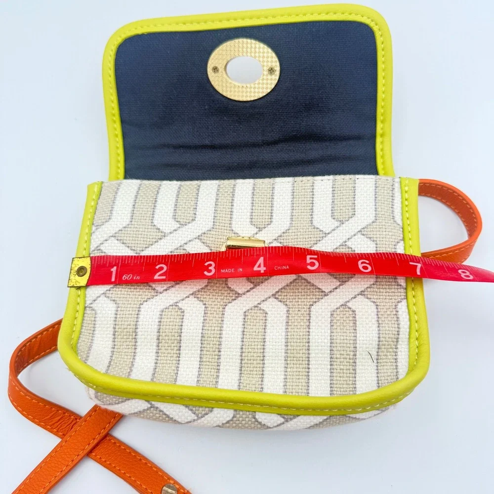 Spartina 449 Orange Leather Linen Geometric Crossbody Bag Lime Green Trim Gold